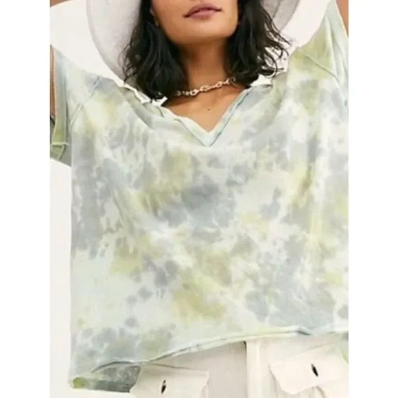 We The Free Light Green and Gray Tie-Dye V-Neck Sweatshirt
