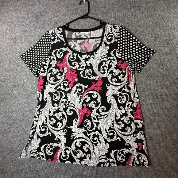 Susan Graver Liquid Knit Top Womens Medium Black Pink Baroque Scroll Polka Dot