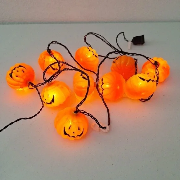 Vintage Pumpkin Blow Mold String Lights Jack-o-Lantern 10 Light Work