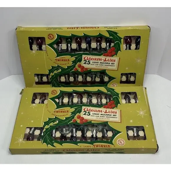 2 Vintage‎ Sets Gleam Lites Twinkle Christmas 25 Lights Indoor Blinking Forking