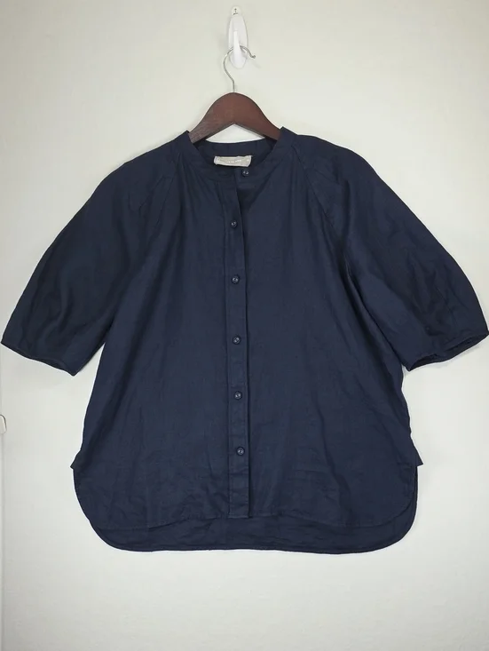 Everlane Dark Navy 100% Linen Button-Down Puff Sleeve Shirt Minimalist