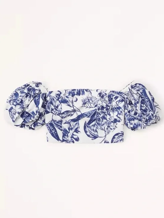 NWT Abercrombie & Fitch Emerson Poplin Blue and White Floral Puff-Sleeve Crop To