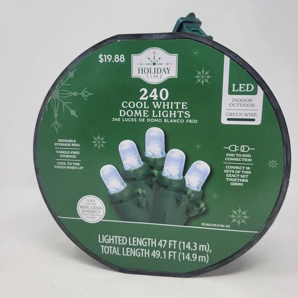 Holiday Time 240 Cool White LED Dome‎ Lights with Green Wire on Reel