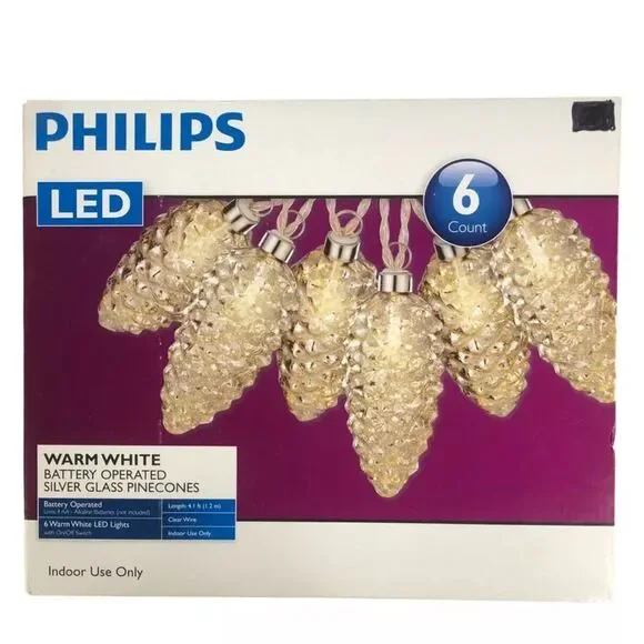 Philips‎ Silver Glass Pinecone Lights 6 Warm White LED Battery Operated
