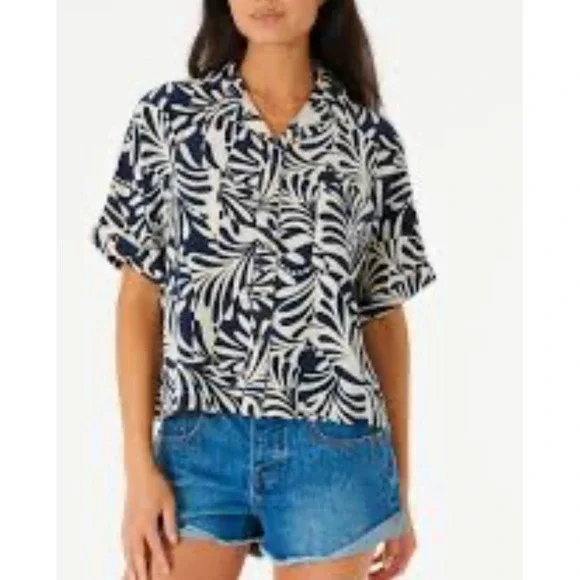 Rip Curl Button Up Shirt Womens XS Blue Tropical Leaf Print Pocket‎