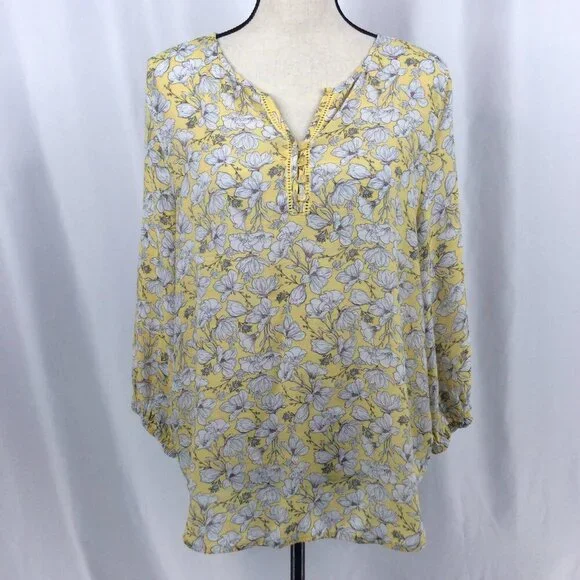 Liz Claiborne Women's Top‎ Large Yellow Floral Peasant Henley