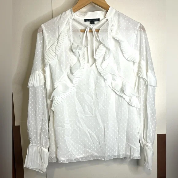 Boston Proper Women’s Size S White Ultra Romantic Frilly Polyester Blouse