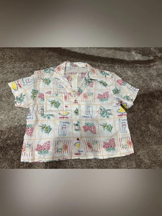 Magaschoni linen embroidered button down collared camp shirt