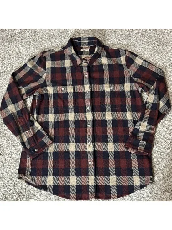 Faherty Shirt Women's Large L Plaid Flannel Snap Button Down Burgundy Navy Tan
