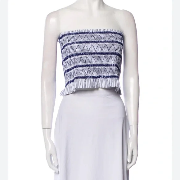 Christian Lacroix White‎ Navy Strapless Smocked Crop Top boho festival