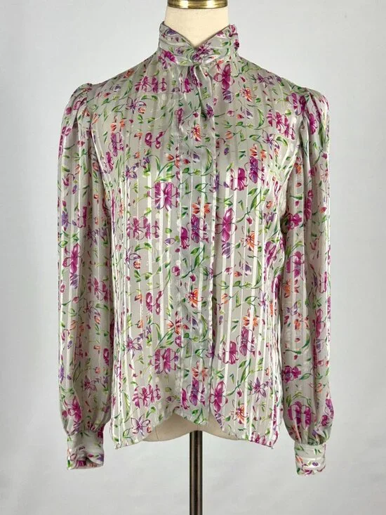 Vtg 80s Floral Striped Puff Sleeve Button Up Blouse High Neck Career Office