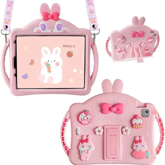 iPad Air 5th 4th Pro 11 Case Kids Pink Rabbit Silicone Cover Strap Stand