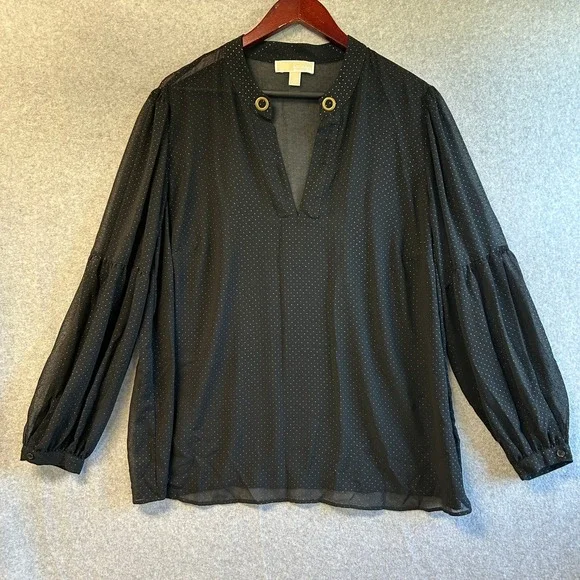 Michael Kors Size 2X Black Dot Sheer Blouse Top Gold Metallic‎ Grommet