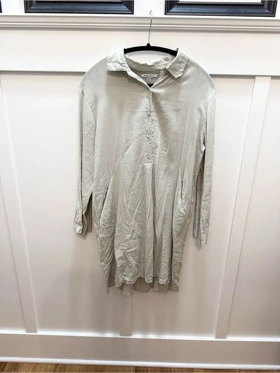 Cristina Vergani 100% Linen Tan Beige Collared Shirt Dress XS Made in Italy