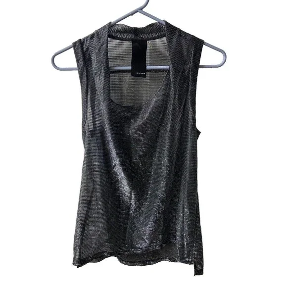 Heather Metallic Tank Womens Small Medium Silver Black Sleeveless Semi Sheer