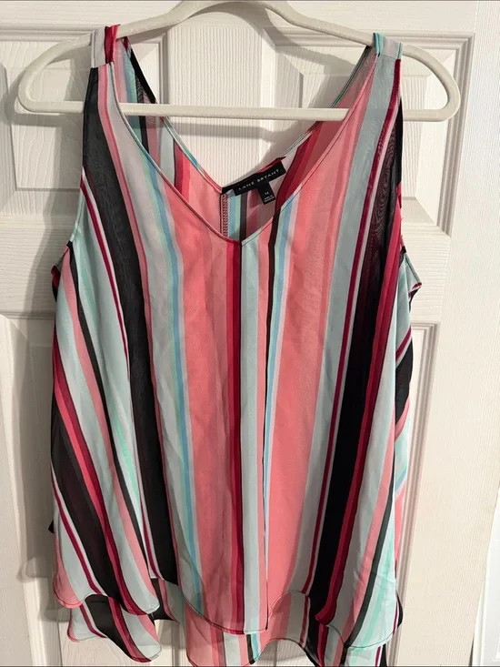 Lane Bryant Coral, Mint & Black Striped V-Neck Tank