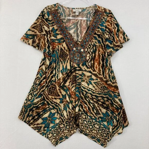 Dressbarn size 14/16‎ Brown Blue Abstract Boho Print Beaded Asymmetric Tunic