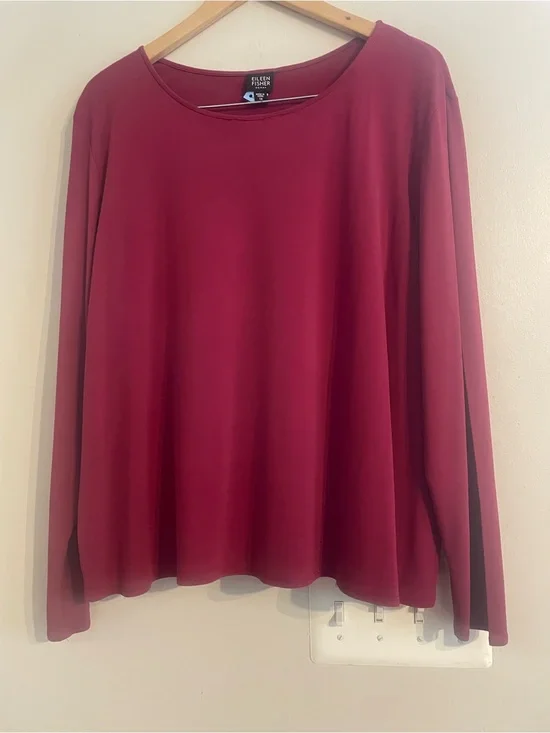 Eileen Fisher Red 100% Silk Long Sleeve Top Classic Crew Blouse Sz 1X