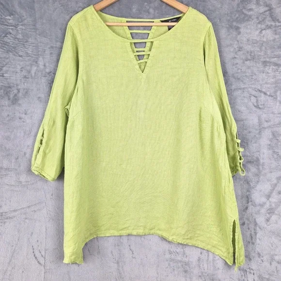 Ali Miles Top 1X Green Linen Lagenlook Artsy Boho Beach Coastal Resort Tunic