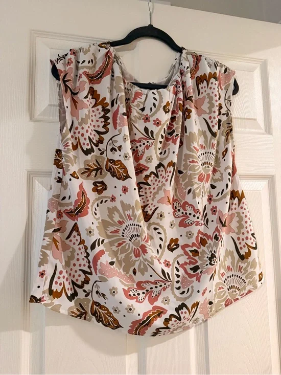 Ann Taylor Factory Floral Sleeveless Blouse - Pink, Tan & White