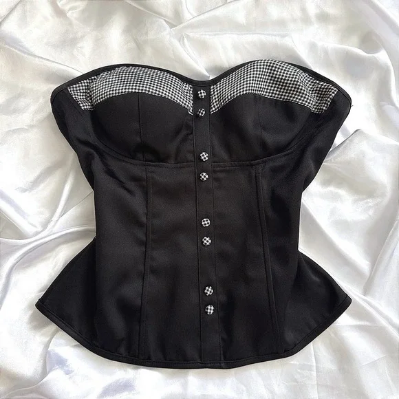 Charlotte Russe Black Gingham Corset Top Strapless Sweetheart Bustier Large