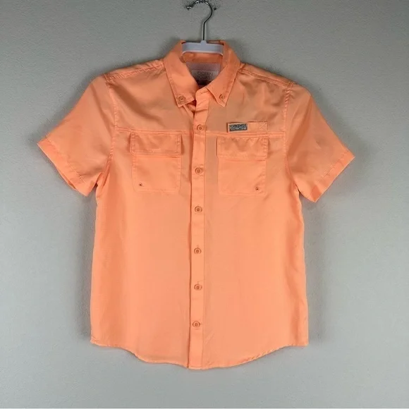 NEW Ocean Coast Sauna Peach Orange Button Up Short Sleeve Shirt Size Medium