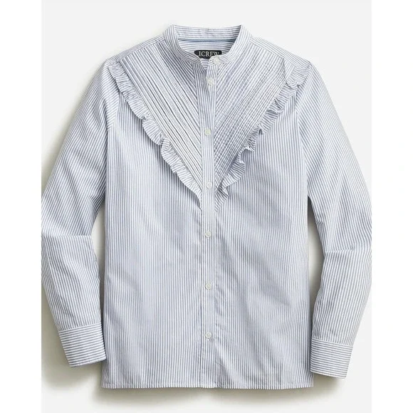 J.Crew cotton poplin Blue White Pinstripe Ruffle Band Collar Shirt stripe  plus