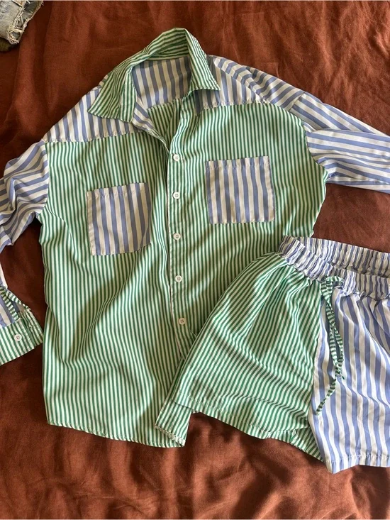 Striped Green & Blue Set - Classic Button Shirt & Shorts