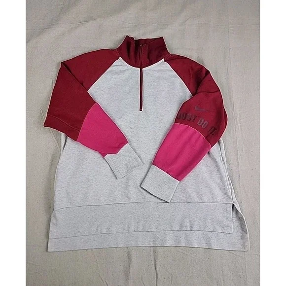 Nike Pullover Women XL Gray Pink Burgundy Dri-FIT 1/4 Zip Just Do It AH8969-141