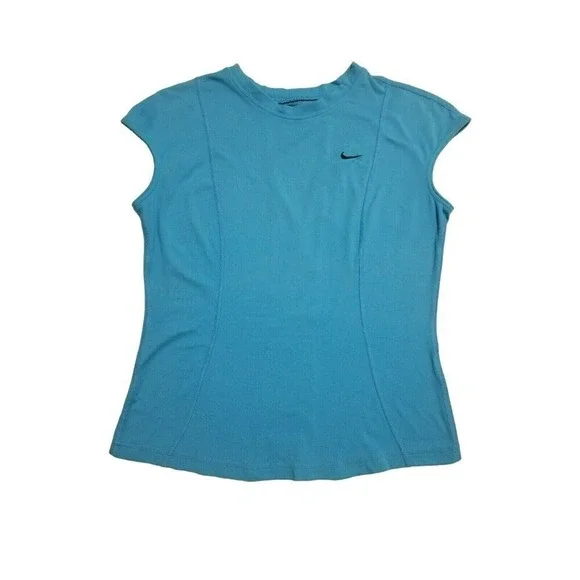 Nike's fit dry Junior sz medium blue‎ shirt with cap Sleeves vented back panel