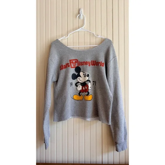 Walt Disney World Mickey Mouse 1971 Gray Cropped Raw Hem Sweatshirt Womens