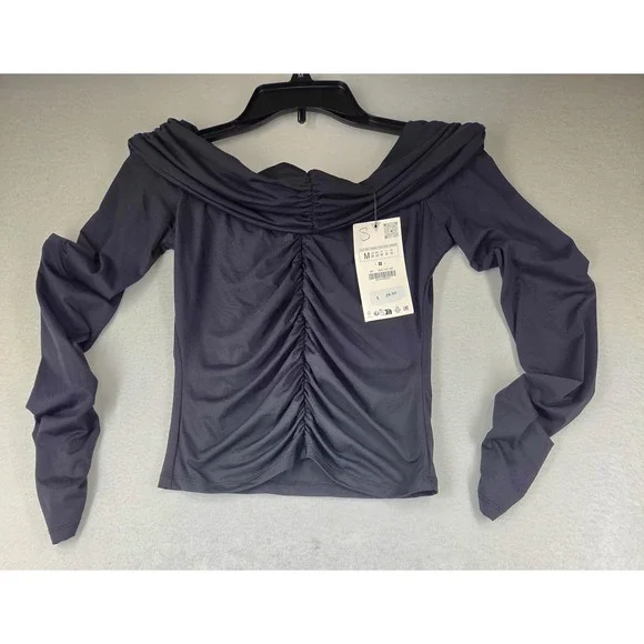 Zara Womens Black Ruched Off The Shoulder Long Sleeve Top Size M 5039/428/800