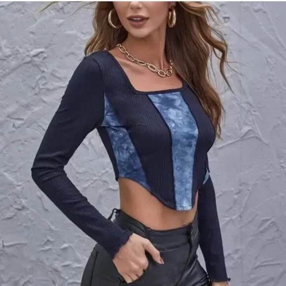 SHEIN Blue Tie Dye Long Sleeve Rib Knit Crop Top Size Small