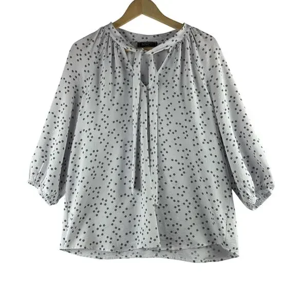 NYCC Popover Polka Dot Blouse Top Womens Large Tie Neck Grey White Twee Playful