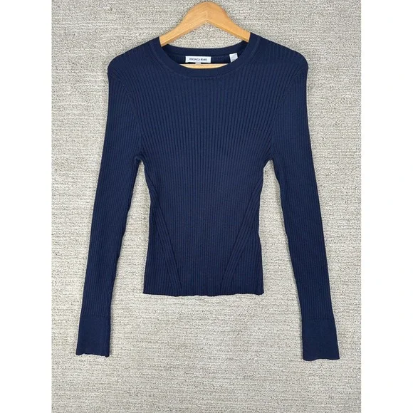 Veronica Beard Navy Blue Ribbed Knit Long Sleeve Crew Neck Top Size M 2411KS1490