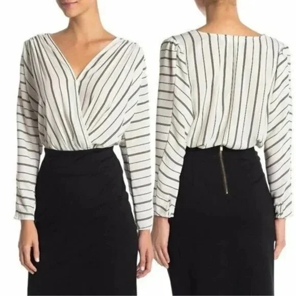 ASTR The Label‎ Women's Striped Wrap Front Bodysuit White Black Small