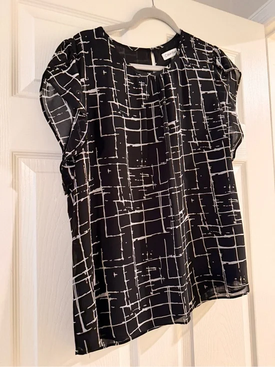 Calvin Klein Black Blouse with White Grid Overlay