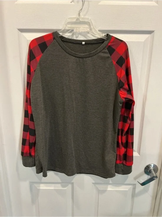 Gray Raglan Top with Red & Black Buffalo Plaid Sleeves