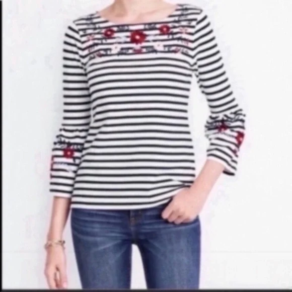 J.Crew Striped Embroidered Bell Sleeve Top XS Blue White Cotton