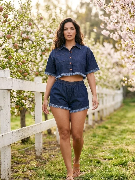 Fashion Nova Dark Blue Denim Cropped Shirt & Shorts Set