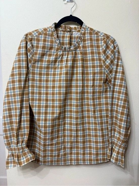 DOEN S Plaid Ruffle Neck Blouse Back Buttons Gathered Sleeves Whimsical Prairie