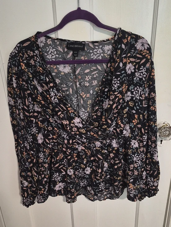 Lane Bryant Black Floral Wrap Blouse with Pink and Tan Accents