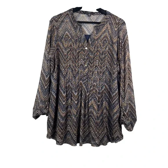 Cocomo Woman Tunic sz 2X Navy Gold Chevron Mesh‎ Roll Tab Sleeve Blouse
