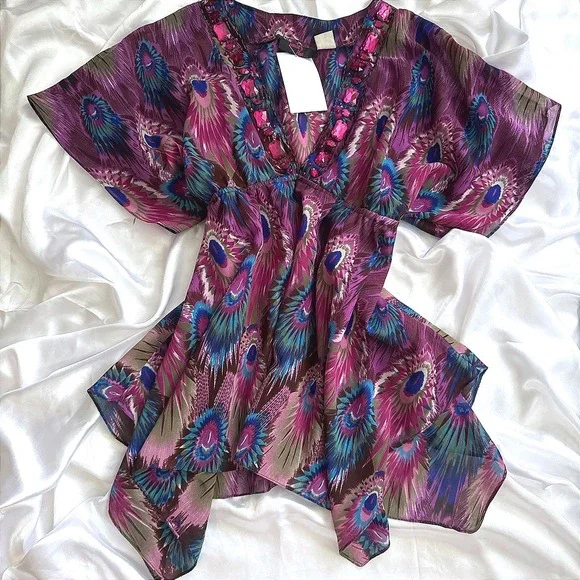 Whats Hot Peacock Print Jewel Neck Tunic Top Purple Boho Handkerchief Hem New