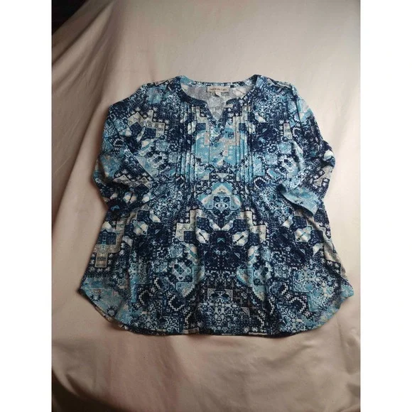 Southern Lady Tunic Top Womens Large Blue Geometric 3/4 Sleeve Knit Pleated