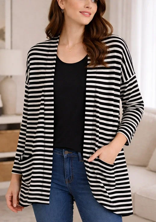 T By Talbots Women's Striped Open Front Cardigan PM Black White Casual Preppy
