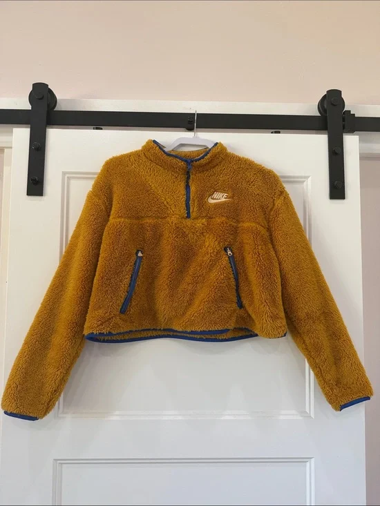 Cropped Nike Mustard Sherpa Half-Zip Jacket with Blue Trim