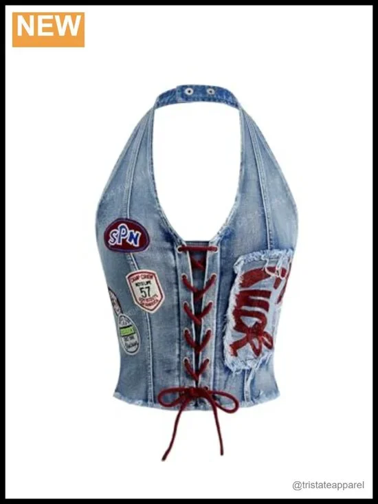 Y2k Graphic Crop Denim Halter Corset Top Sleeveless Lace Up Smocked Fitted