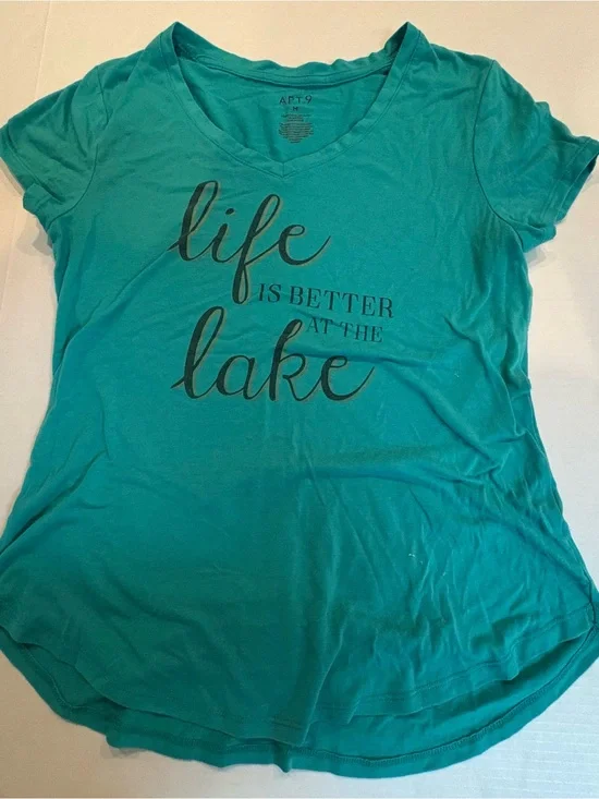 Apt. 9 Teal V-Neck Graphic Tee with Black Script