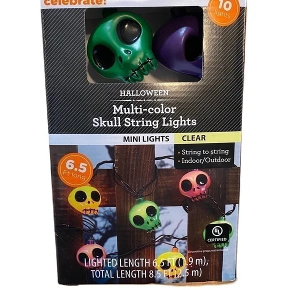 Skull String Lights NEW Halloween Decoration Multi Color Clear 8.5 ft Pink Green